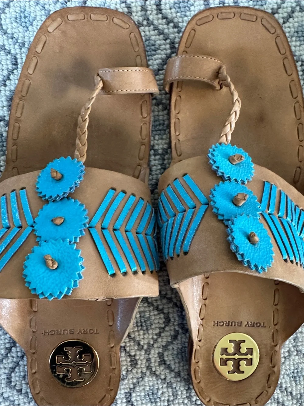 Tory Burch Brown Leather Slide Sandals with Turquoise Floral Accents
